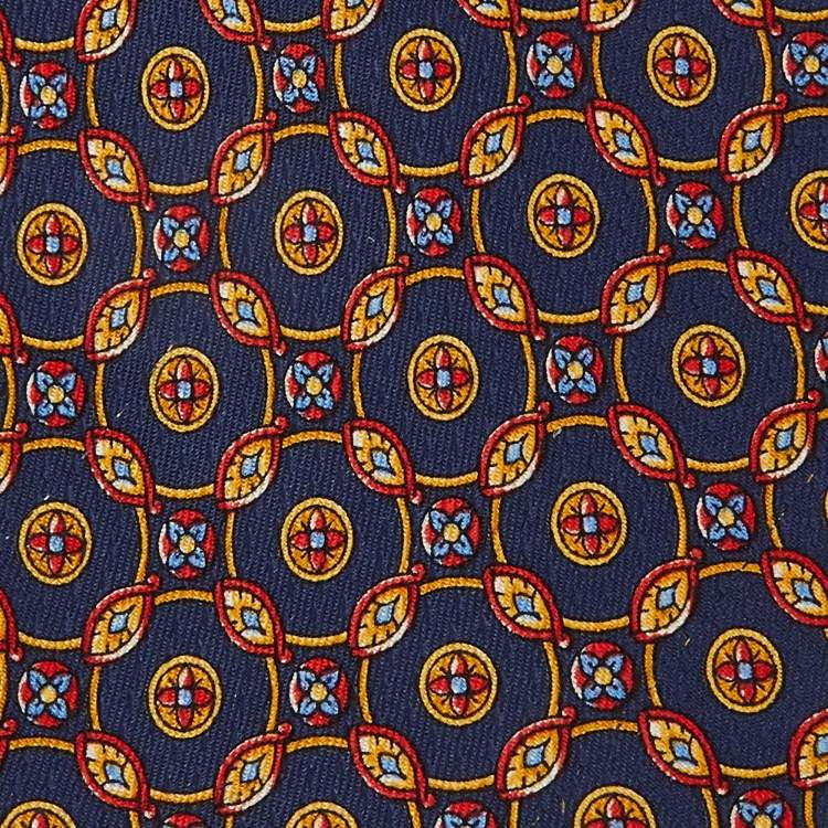 Pre Owned S.T. Dupont Navy Blue Printed Silk Traditional Tie