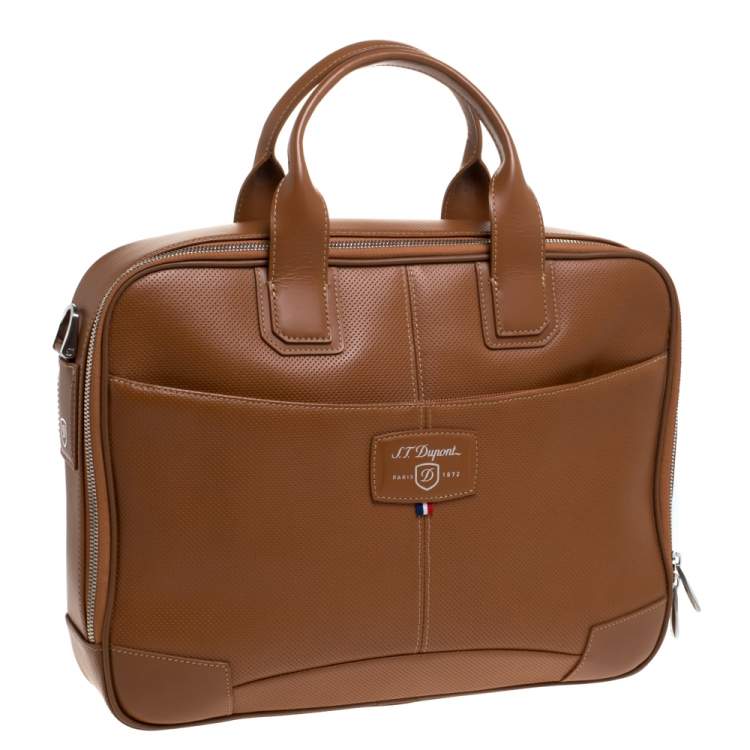 Pre Owned S.T. Dupont Tan Brown Perforated Leather Small Laptop and Document Holder Bag