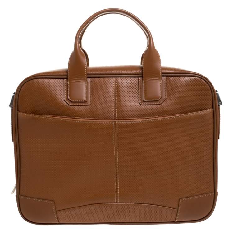 Pre Owned S.T. Dupont Tan Brown Perforated Leather Small Laptop and Document Holder Bag