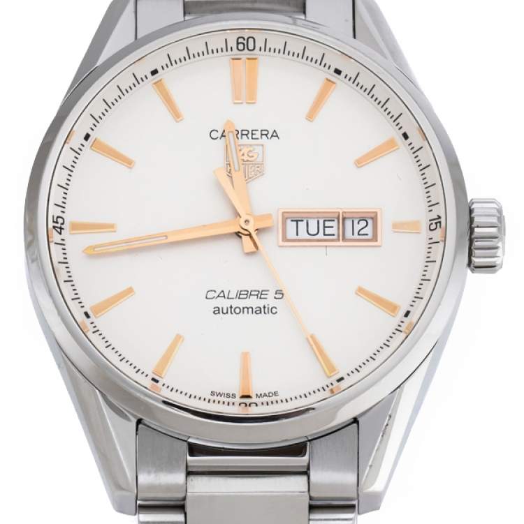 Pre Owned Tag Heuer White Stainless Steel Carrera Calibre 5 WAR201D.BA0723 Men's Wristwatch 40 mm