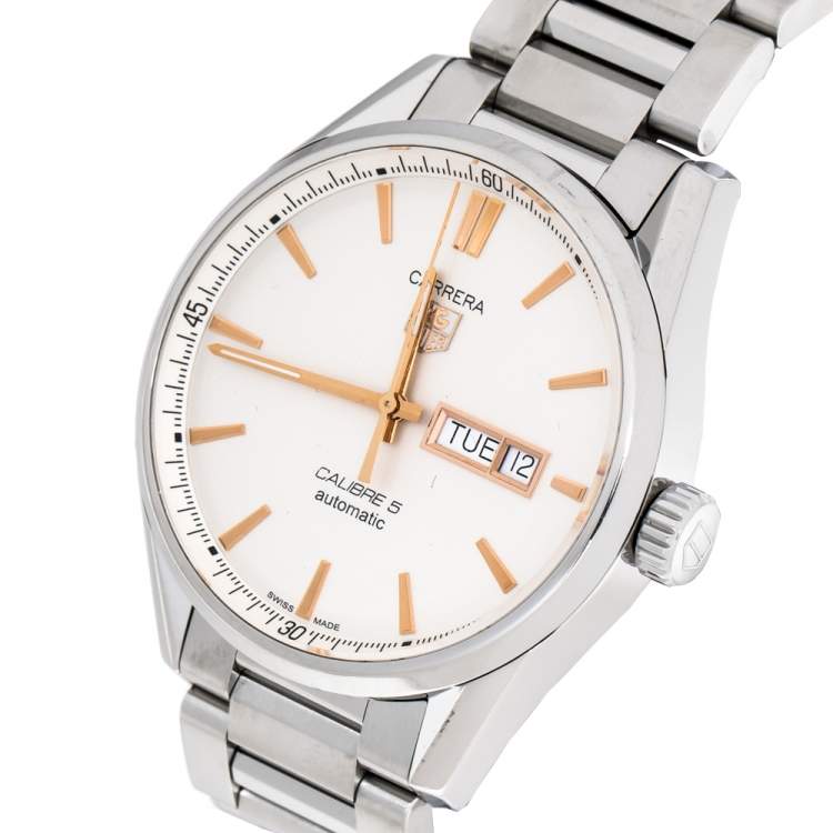 Pre Owned Tag Heuer White Stainless Steel Carrera Calibre 5 WAR201D.BA0723 Men's Wristwatch 40 mm