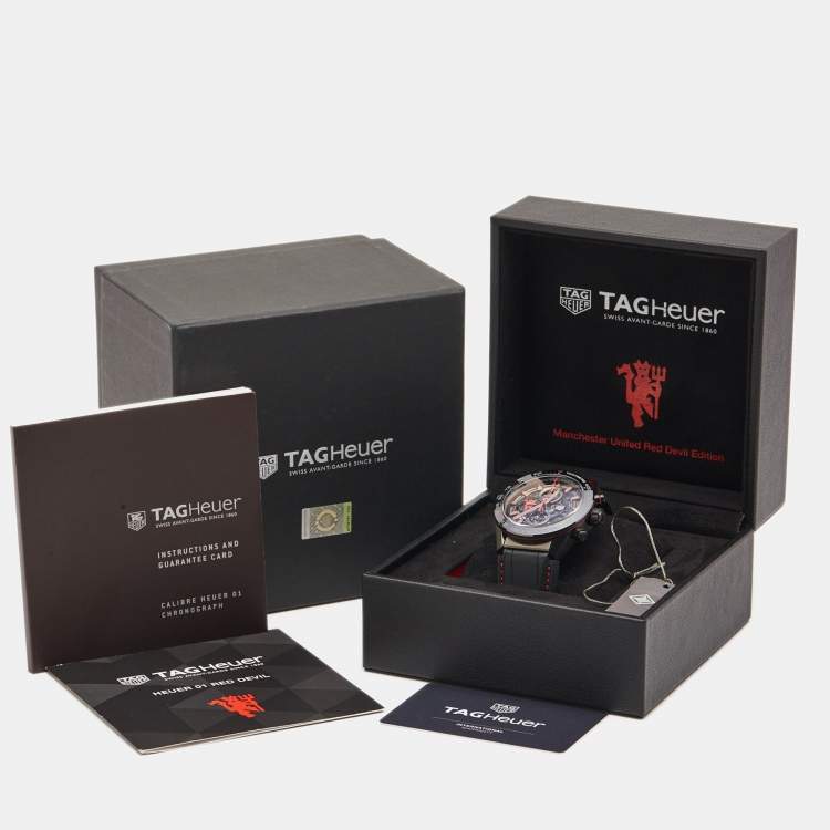 Pre Owned TAG Heuer Black PVD Coated Stainless Steel Rubber Carrera Manchester United Red Devil Edition CAR2A1J Men's Wristwatch 45 mm