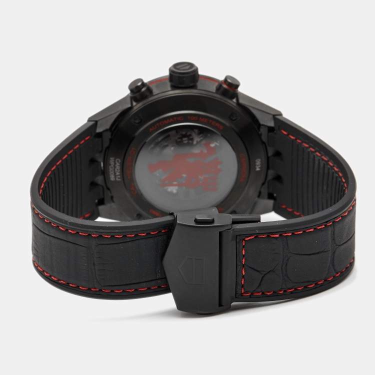 Pre Owned TAG Heuer Black PVD Coated Stainless Steel Rubber Carrera Manchester United Red Devil Edition CAR2A1J Men's Wristwatch 45 mm