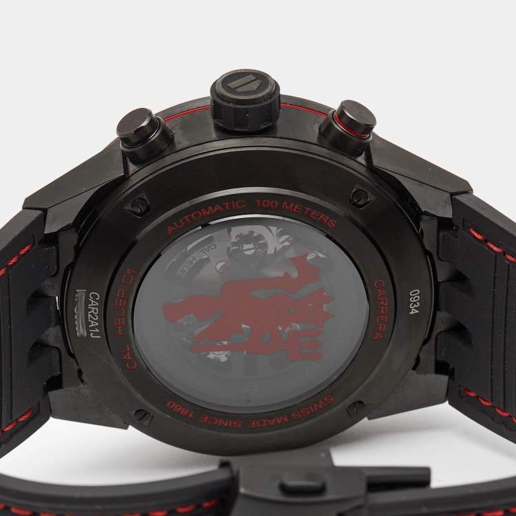 Pre Owned TAG Heuer Black PVD Coated Stainless Steel Rubber Carrera Manchester United Red Devil Edition CAR2A1J Men's Wristwatch 45 mm
