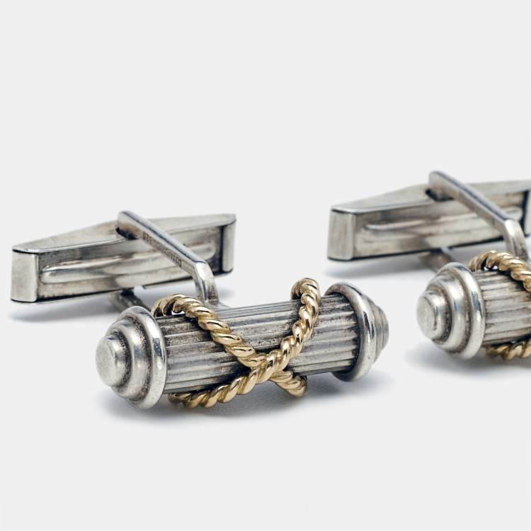 Pre Owned Tiffany & Co. Vintage Cable 18k Yellow Gold Sterling Silver Cufflinks