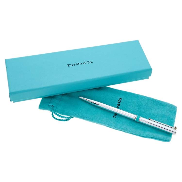 Pre Owned Tiffany & Co. Sterling Silver Blue Accent T-clip Ballpoint Pen