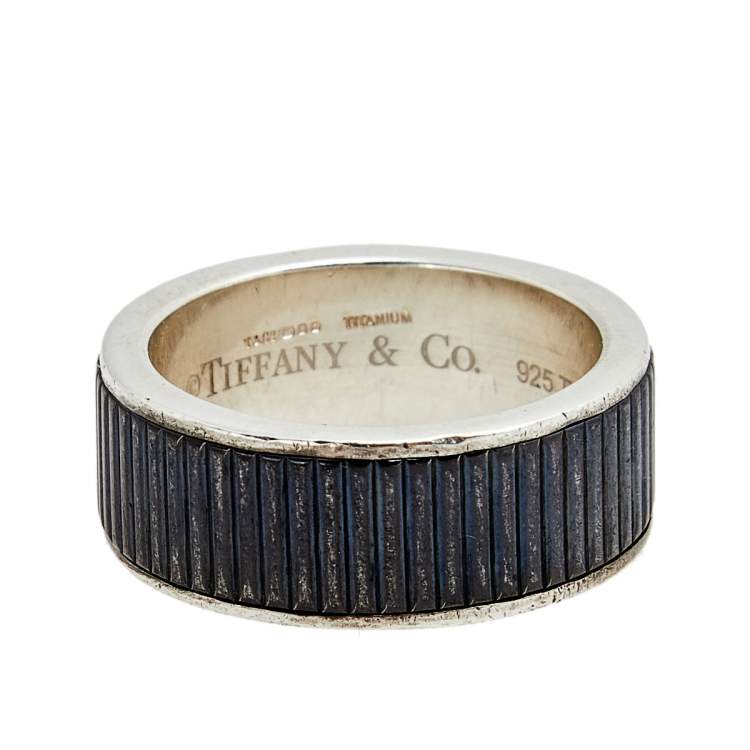 Pre Owned Tiffany & Co. Sterling Silver & Titanium Coin Edge Band Ring (Size 59)