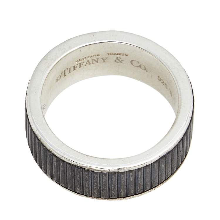 Pre Owned Tiffany & Co. Sterling Silver & Titanium Coin Edge Band Ring (Size 59)
