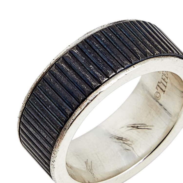 Pre Owned Tiffany & Co. Sterling Silver & Titanium Coin Edge Band Ring (Size 59)