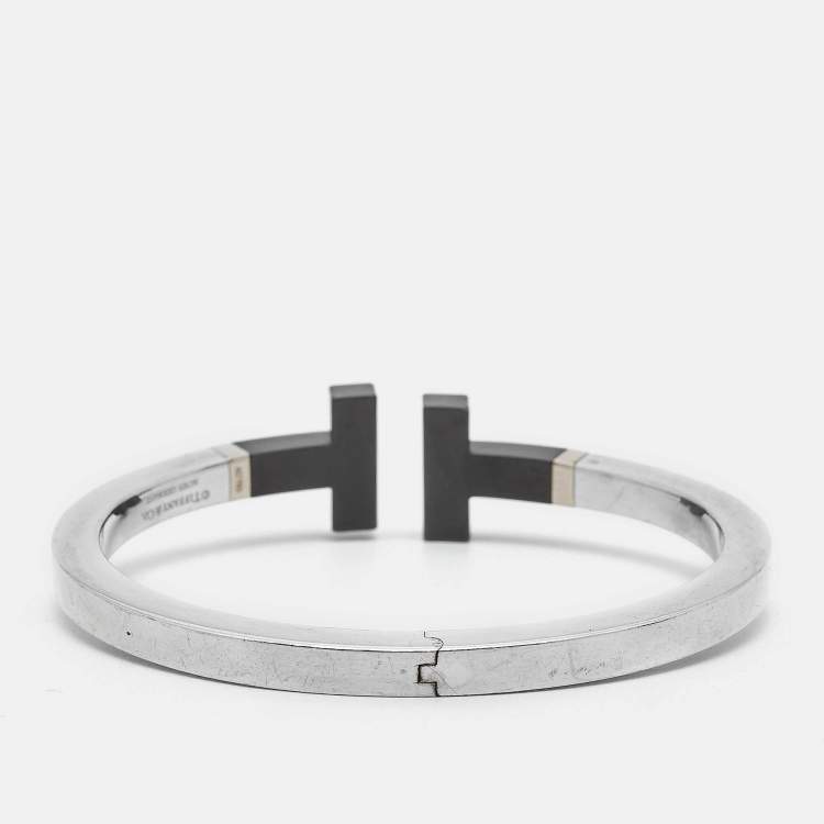 Pre Owned Tiffany & Co. T Square Ceramic 18k Yellow Gold Sterling Silver Open Cuff Bracelet