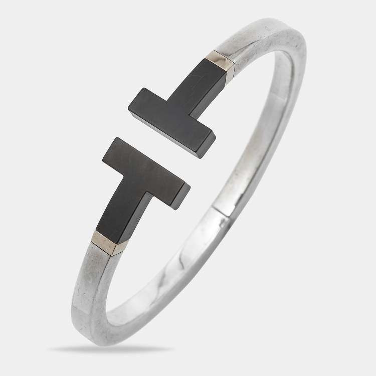 Pre Owned Tiffany & Co. T Square Ceramic 18k Yellow Gold Sterling Silver Open Cuff Bracelet