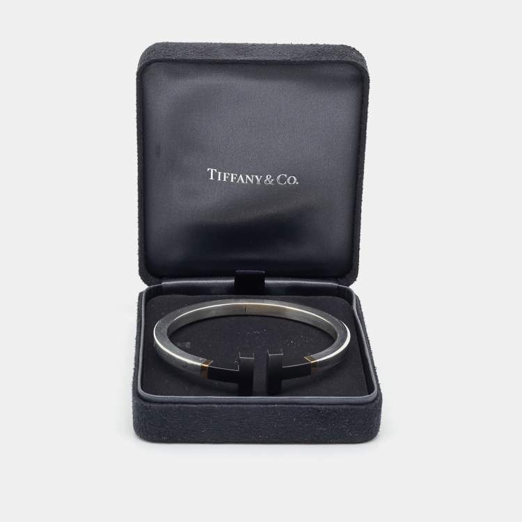 Pre Owned Tiffany & Co. T Square Ceramic 18k Yellow Gold Sterling Silver Open Cuff Bracelet