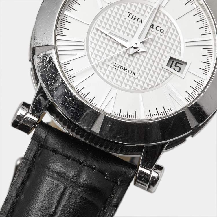 Pre Owned Tiffany & Co. Atlas Z1000.70.12A21A00A Silver Dial Rubber Leather Men's Wristwatch 42 mm