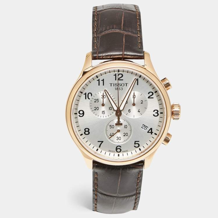 Pre Owned ساعة يد رجالية تيسوت كرونو إكس إل كلاسيك T1166173603700 مينا فضي مغطى بـ PVD الورد الفولاذي المقاوم للصدأ جلد تمساح 45 مم