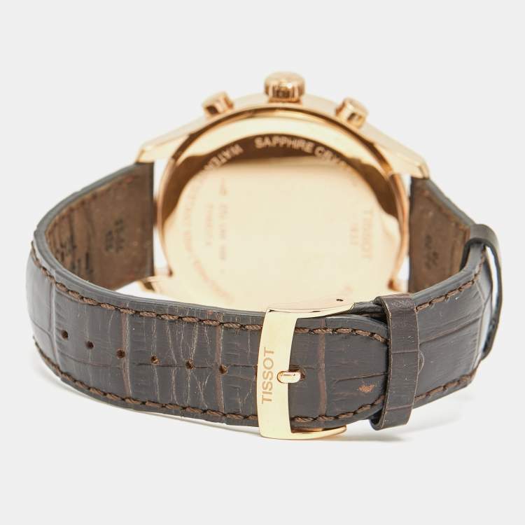 Pre Owned ساعة يد رجالية تيسوت كرونو إكس إل كلاسيك T1166173603700 مينا فضي مغطى بـ PVD الورد الفولاذي المقاوم للصدأ جلد تمساح 45 مم