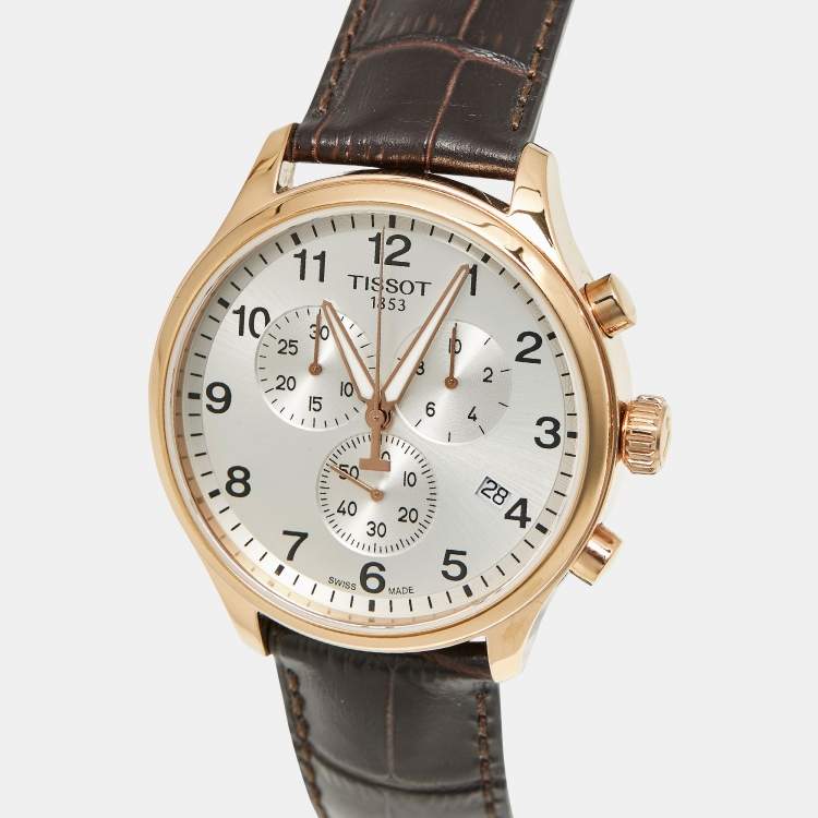 Pre Owned ساعة يد رجالية تيسوت كرونو إكس إل كلاسيك T1166173603700 مينا فضي مغطى بـ PVD الورد الفولاذي المقاوم للصدأ جلد تمساح 45 مم