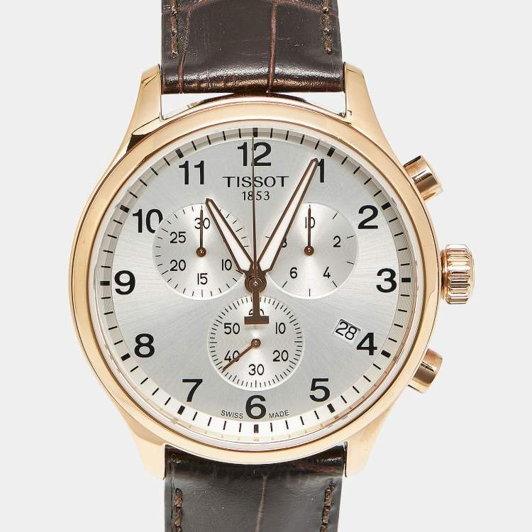 Pre Owned ساعة يد رجالية تيسوت كرونو إكس إل كلاسيك T1166173603700 مينا فضي مغطى بـ PVD الورد الفولاذي المقاوم للصدأ جلد تمساح 45 مم