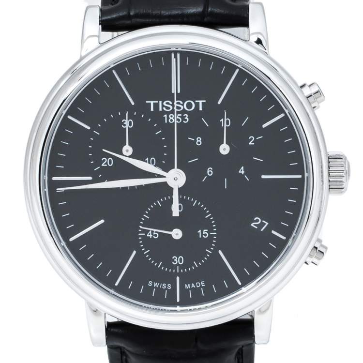 Pre Owned  Tissot Black Stainless Steel Leather Carso Premium T122417A Men's Wristwatch 41 mm