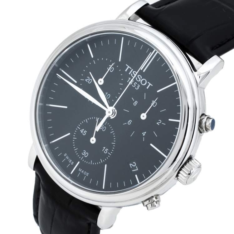 Pre Owned  Tissot Black Stainless Steel Leather Carso Premium T122417A Men's Wristwatch 41 mm