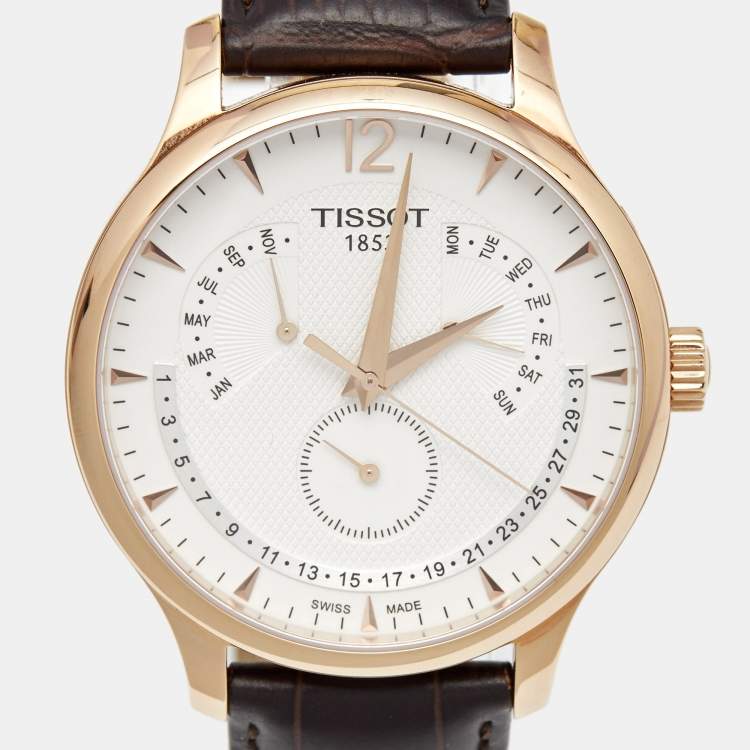 Pre Owned Tissot White Rose Gold Plated Stainless Steel Leather Traditional Perpetual T0636373603700 Men's Wristwatch 42 mm 