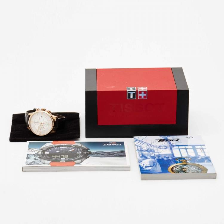 Pre Owned Tissot Silver Rose Gold Plated Stainless Steel Leather T-Classic Chemin Des Tourelles T099.427.36.038.00 Men's Wristwatch 44 mm 