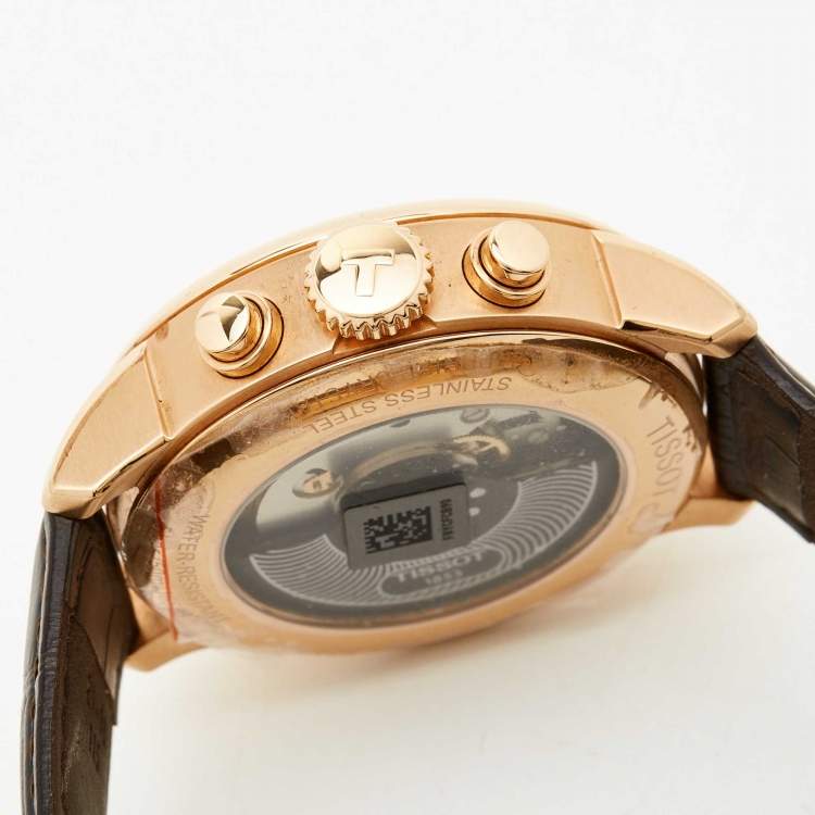 Pre Owned Tissot Silver Rose Gold Plated Stainless Steel Leather T-Classic Chemin Des Tourelles T099.427.36.038.00 Men's Wristwatch 44 mm 