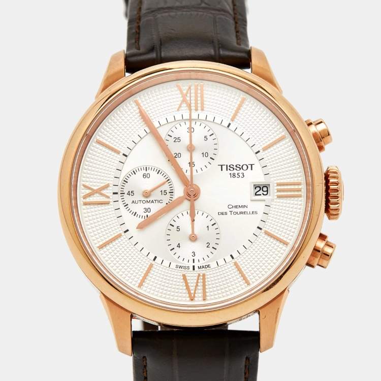 Pre Owned Tissot Silver Rose Gold Plated Stainless Steel Leather T-Classic Chemin Des Tourelles T099.427.36.038.00 Men's Wristwatch 44 mm 