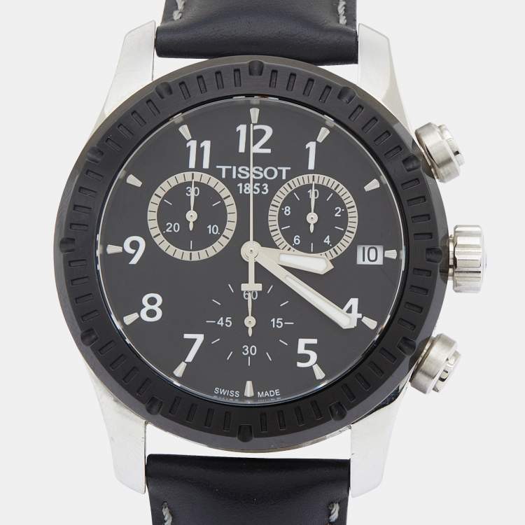 Pre Owned Tissot Black Stainless Steel Leather V8 T039.417.26.057.00 Men's Wristwatch 42 mm