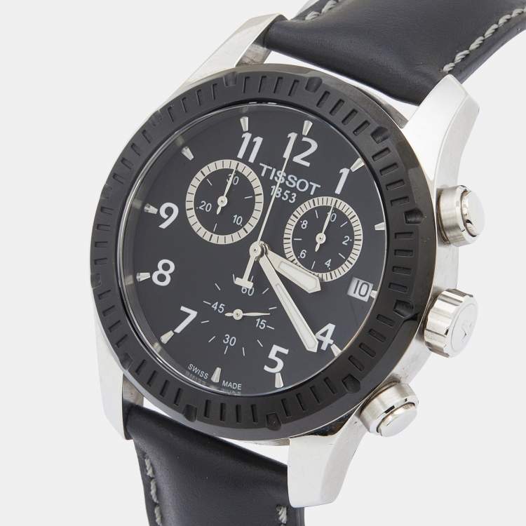 Pre Owned Tissot Black Stainless Steel Leather V8 T039.417.26.057.00 Men's Wristwatch 42 mm