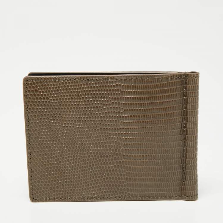 Pre Owned Tod's Khaki Green Lizard Embossed Leather Money Clip