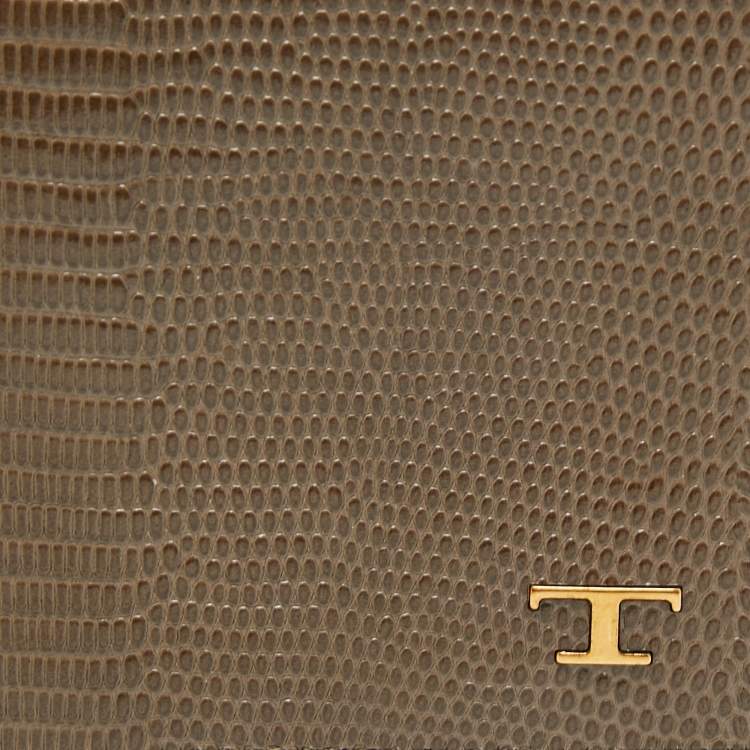 Pre Owned Tod's Khaki Green Lizard Embossed Leather Money Clip