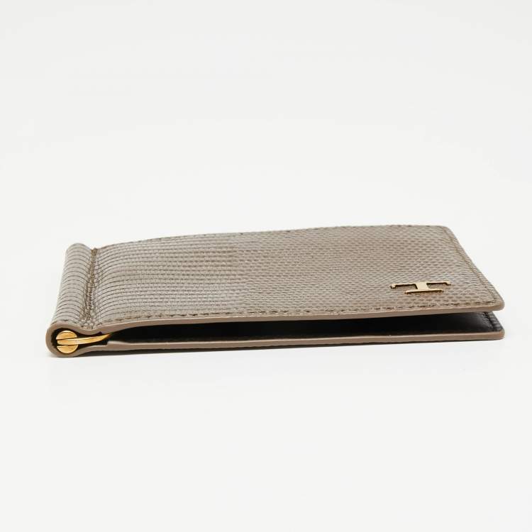 Pre Owned Tod's Khaki Green Lizard Embossed Leather Money Clip