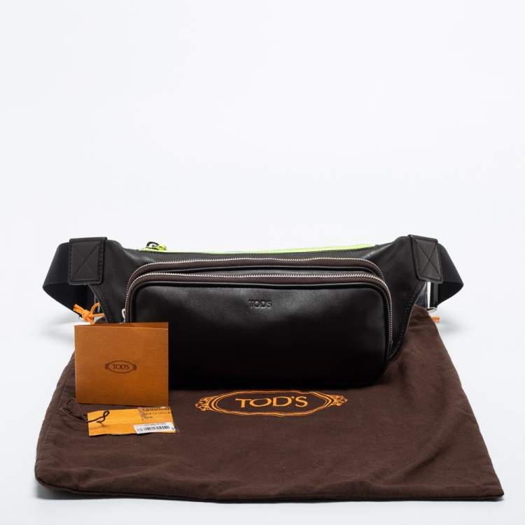 Pre Owned Tod's Dark Brown/Neon Green Leather Zip Waist Belt Bag
