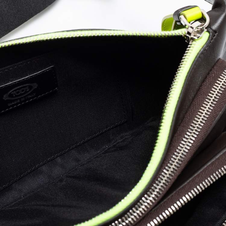 Pre Owned Tod's Dark Brown/Neon Green Leather Zip Waist Belt Bag