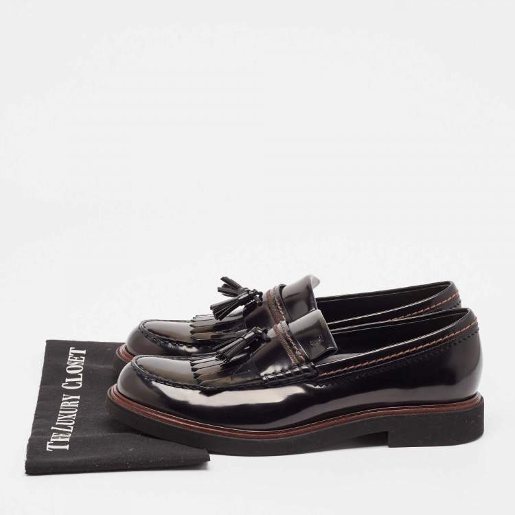 Pre Owned Tod's Black Leather Fringe Driver Loafers Size 44.5