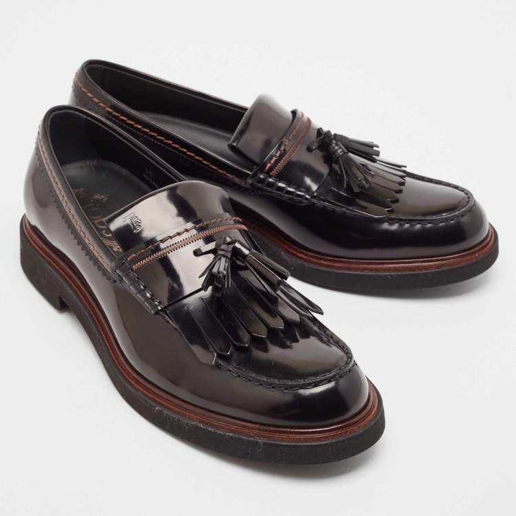 Pre Owned Tod's Black Leather Fringe Driver Loafers Size 44.5