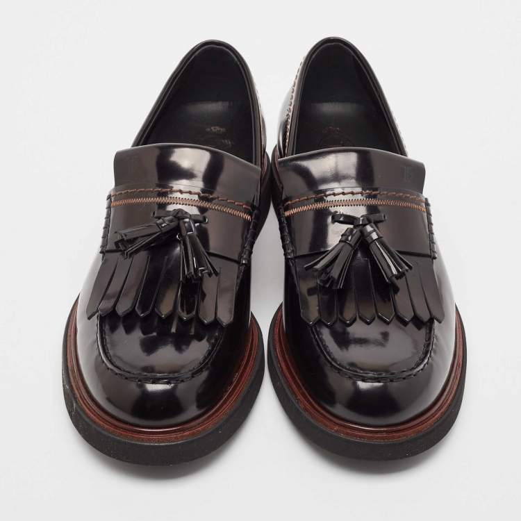 Pre Owned Tod's Black Leather Fringe Driver Loafers Size 44.5