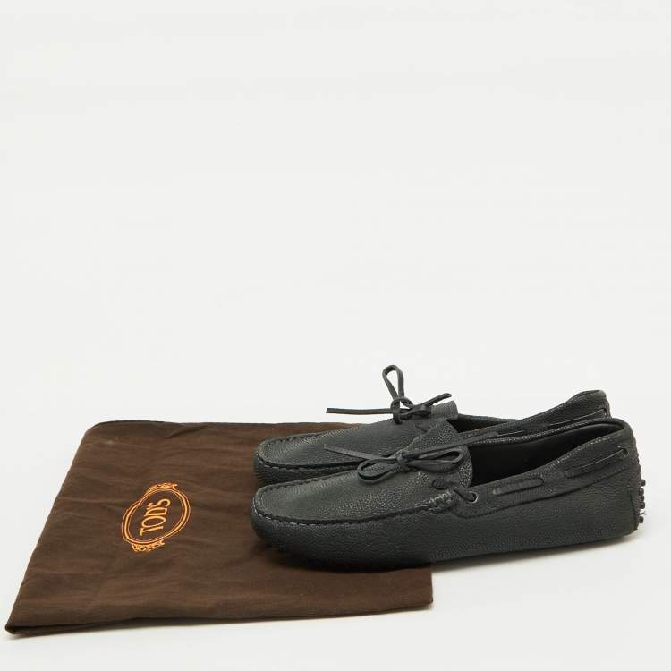 Pre Owned Tod's Dark Grey Leather Gommino Bow Slip On Loafers Size 39.5