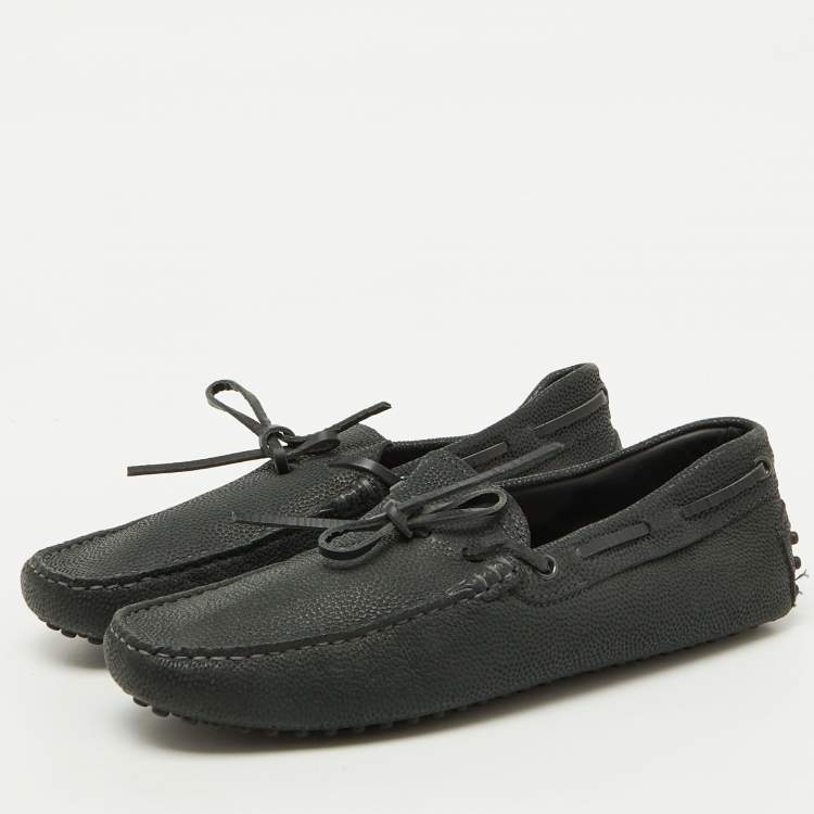 Pre Owned Tod's Dark Grey Leather Gommino Bow Slip On Loafers Size 39.5