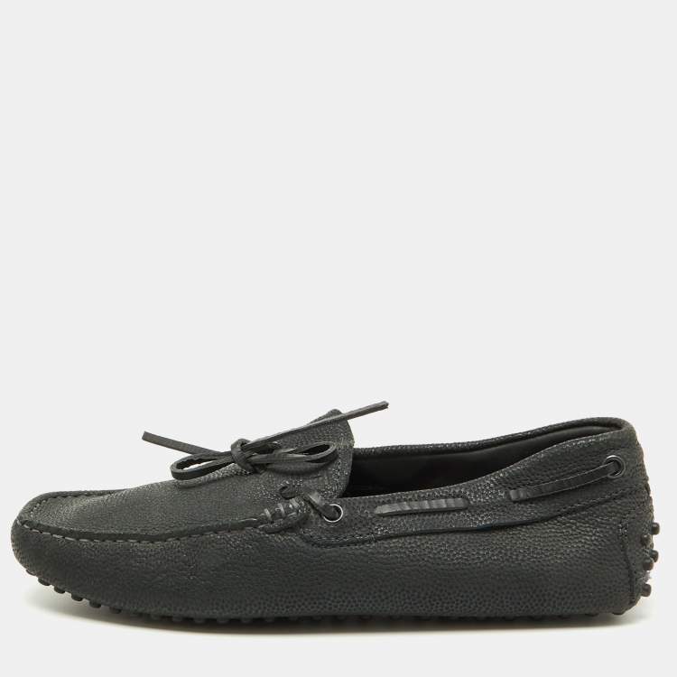 Pre Owned Tod's Dark Grey Leather Gommino Bow Slip On Loafers Size 39.5