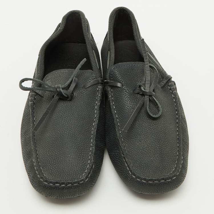 Pre Owned Tod's Dark Grey Leather Gommino Bow Slip On Loafers Size 39.5