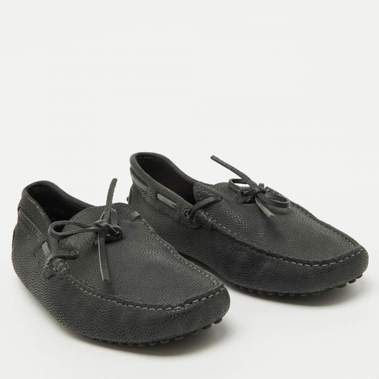 Pre Owned Tod's Dark Grey Leather Gommino Bow Slip On Loafers Size 39.5