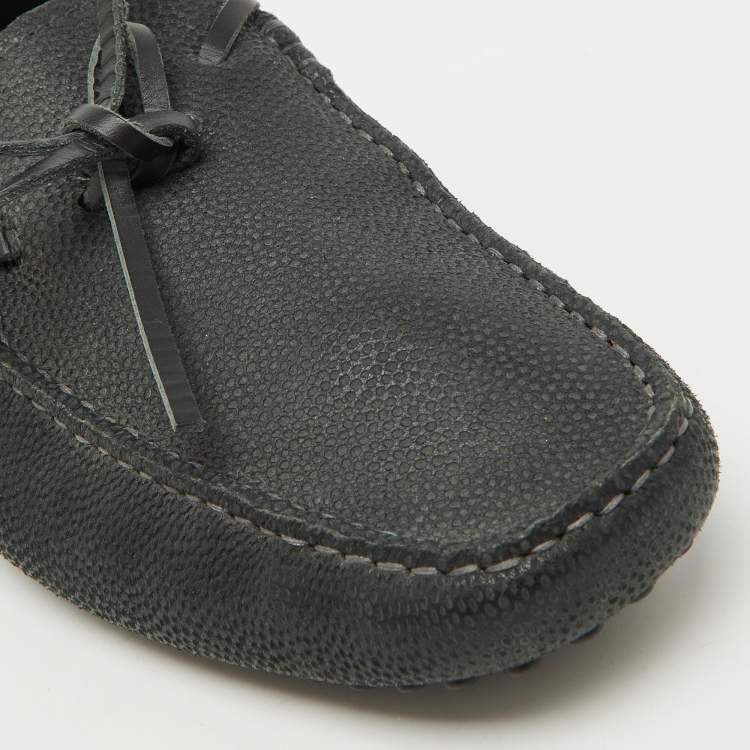 Pre Owned Tod's Dark Grey Leather Gommino Bow Slip On Loafers Size 39.5