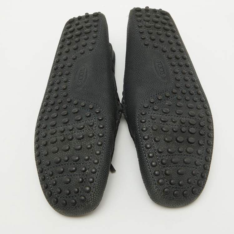 Pre Owned Tod's Dark Grey Leather Gommino Bow Slip On Loafers Size 39.5