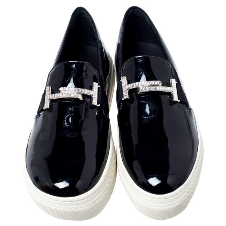 Pre Owned Tod's Black Patent Leather Sportivo Maxi Crystal Double T Slip On Sneakers Size 40