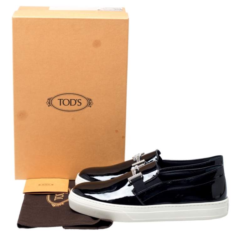 Pre Owned Tod's Black Patent Leather Sportivo Maxi Crystal Double T Slip On Sneakers Size 40