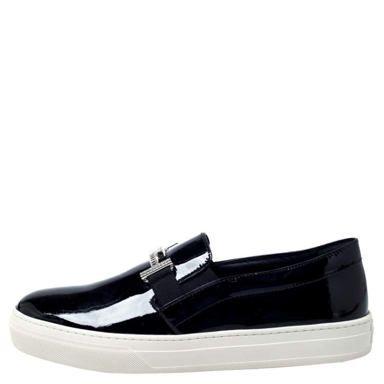 Pre Owned Tod's Black Patent Leather Sportivo Maxi Crystal Double T Slip On Sneakers Size 40