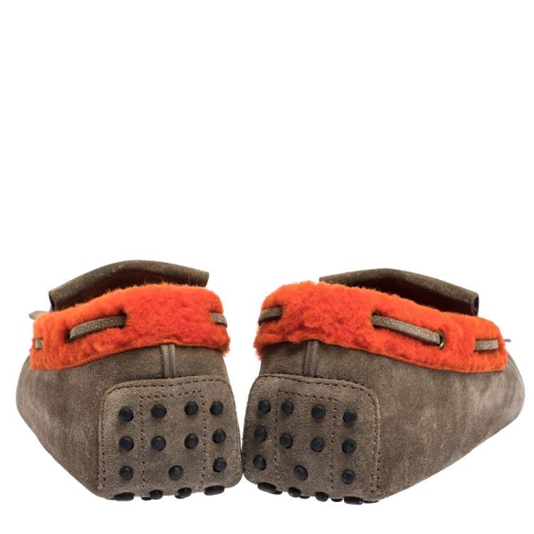 Pre Owned Tod's Beige/Orange Suede And Shearling Trim Double T Fringe Loafers Size 43