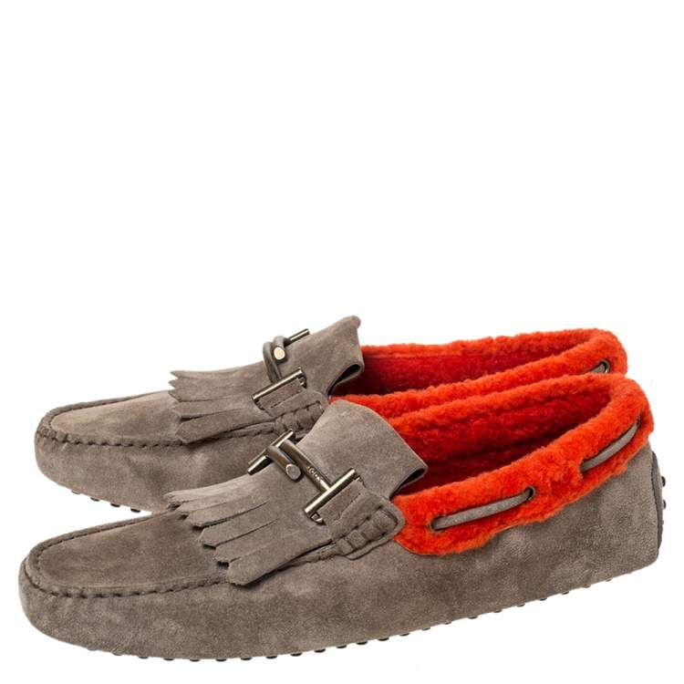 Pre Owned Tod's Olive Green Suede Leather And Shearling Double T Fringe Slip On Loafers Size 41.5