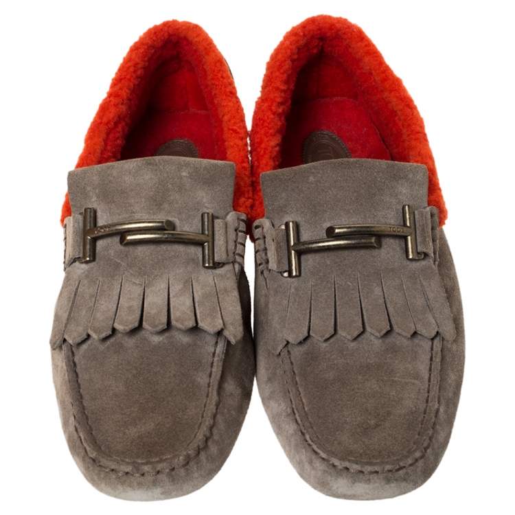 Pre Owned Tod's Olive Green Suede Leather And Shearling Double T Fringe Slip On Loafers Size 41.5